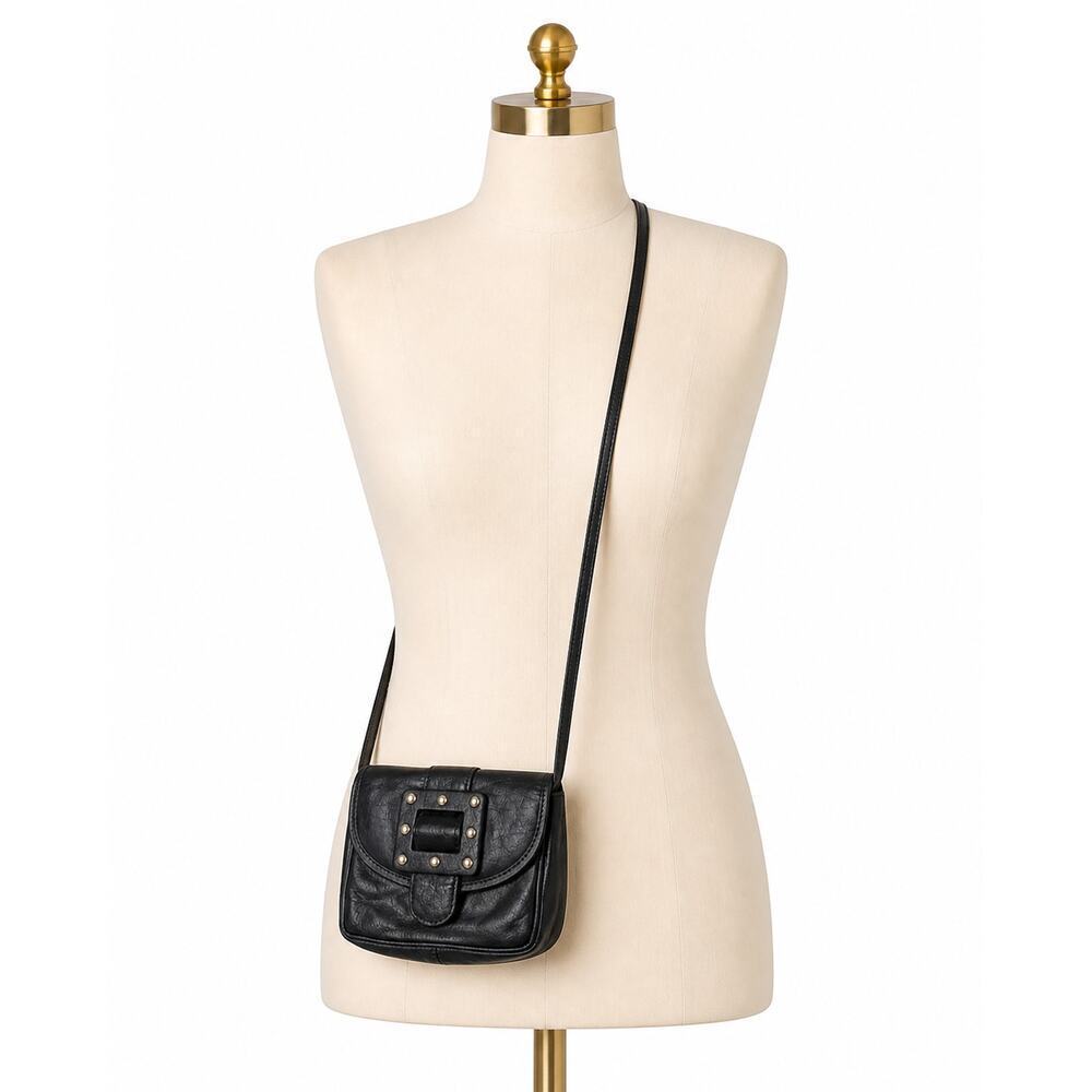 Black Leather Mini Crossbody Bag Studded Buckle Small Purse Y2K Vintage EUC